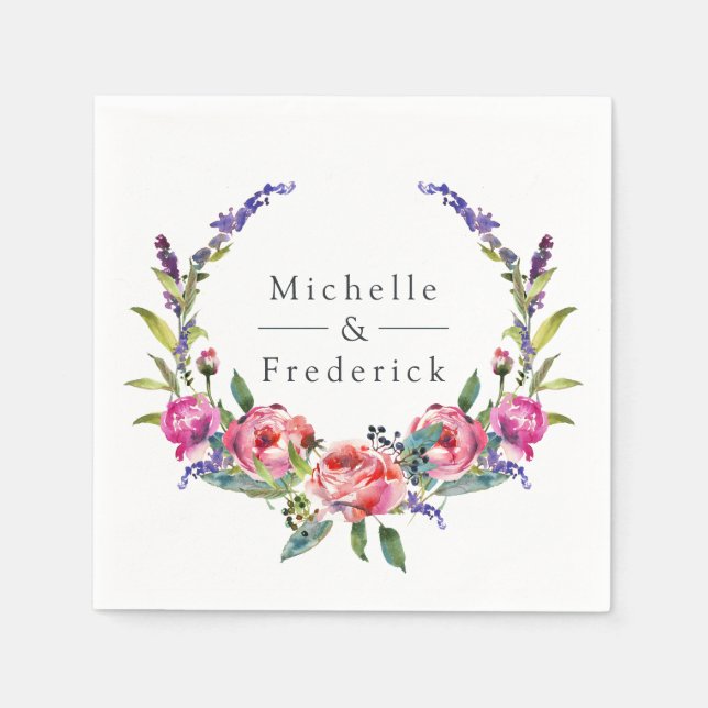 Watercolor Pink and Purple Floral Wedding Napkin (Front)