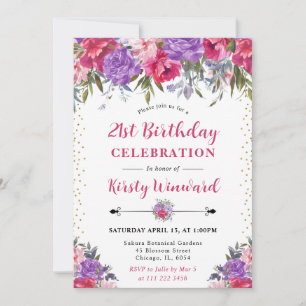 Watercolor Pink and Purple Flowers 21st Birthday Invitation