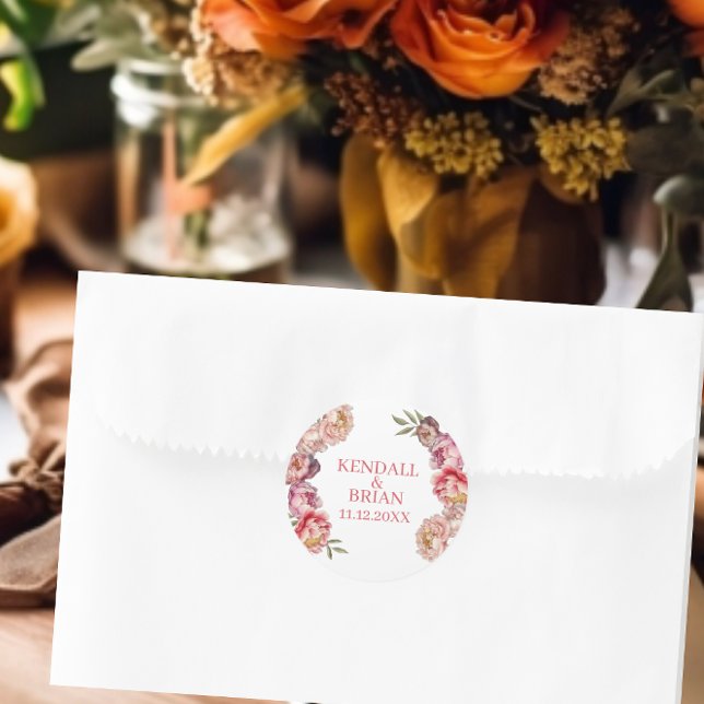 Watercolor pink and purple peony wedding classic round sticker (Creator Uploaded)