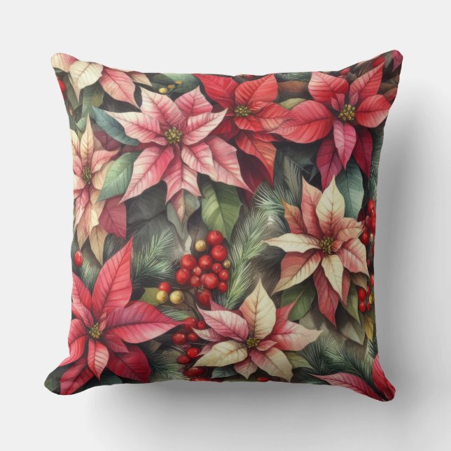 Watercolor Pink and Red Poinsettia Cushion (Front)