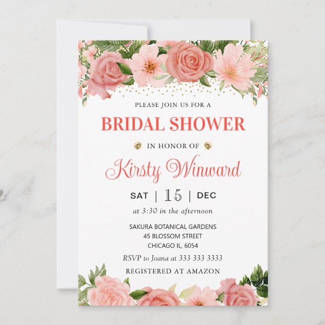 Watercolor Pink and Red Roses Bridal Shower Invitation (Front)