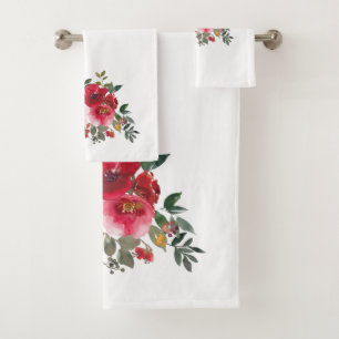 Watercolor Pink and Red Roses On White Bath Towel
