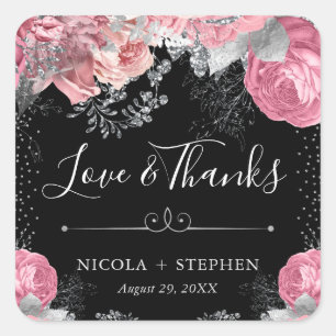 Watercolor Pink and Silver Flowers Wedding Square Sticker