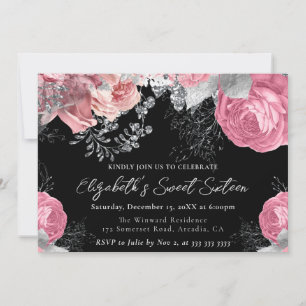 Watercolor Pink and Silver Roses Sweet Sixteen Invitation