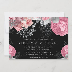 Watercolor Pink and Silver Roses Wedding Invitation