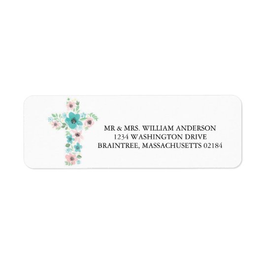 Watercolor Pink and Teal Flower Cross Return Address Label