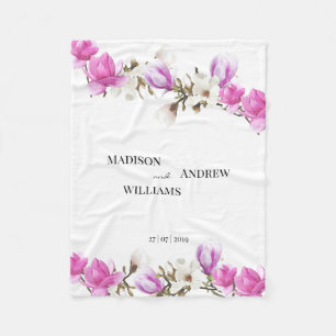 Watercolor Pink and White Magnolia Blossom Fleece Blanket