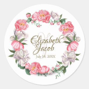 Watercolor pink and white peonies  classic round sticker