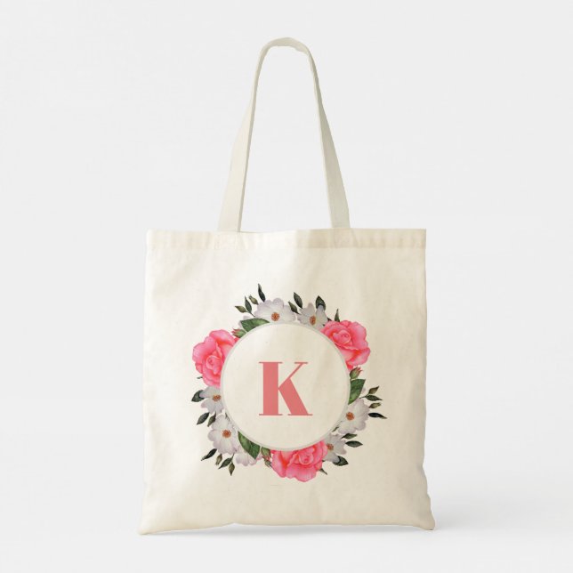 Watercolor Pink and White Roses Circle Wreath Tote Bag (Back)