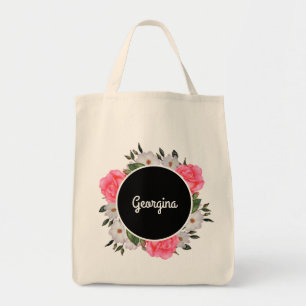 Watercolor Pink and White Roses Circle Wreath Tote Bag