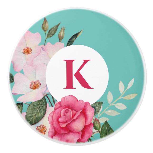 Watercolor Pink and White Roses Wreath Circle Ceramic Knob (Front)