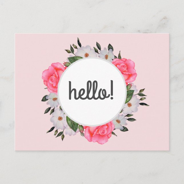 Watercolor Pink and White Roses Wreath Circle Postcard (Front)