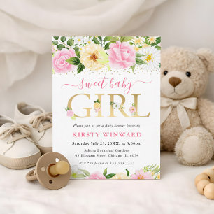 Watercolor Pink and Yellow Flowers Baby Shower Invitation