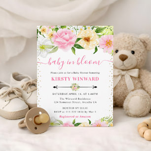 Watercolor Pink and Yellow Flowers Baby Shower Invitation