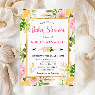 Watercolor Pink and Yellow Flowers Baby Shower Invitation