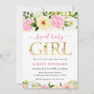Watercolor Pink and Yellow Flowers Baby Shower Invitation