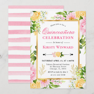 Watercolor Pink and Yellow Flowers Quinceanera Invitation