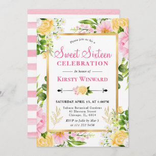 Watercolor Pink and Yellow Flowers Sweet 16 Invitation
