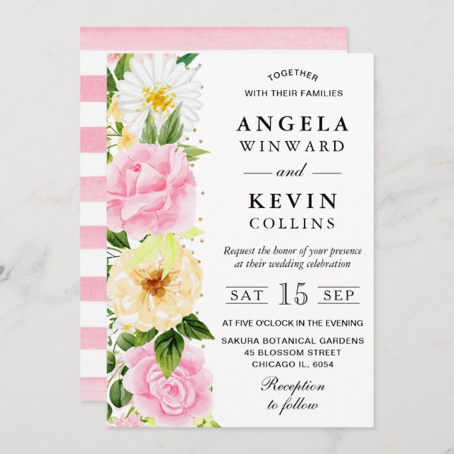 Watercolor Pink and Yellow Flowers Wedding Invitation (Front/Back)
