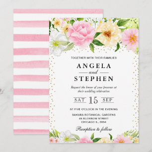 Watercolor Pink and Yellow Flowers Wedding Invitation