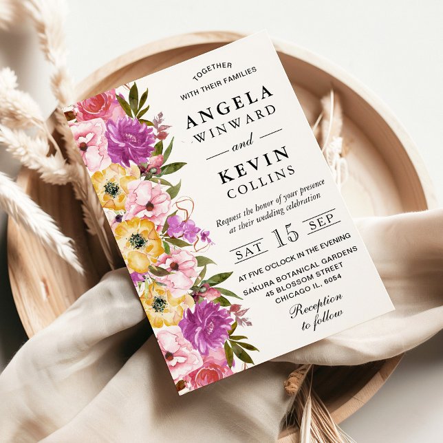 Watercolor Pink and Yellow Flowers Wedding Invitation (Creator Uploaded)