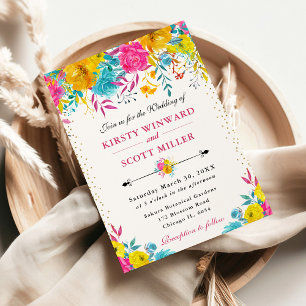 Watercolor Pink and Yellow Flowers Wedding Invitation