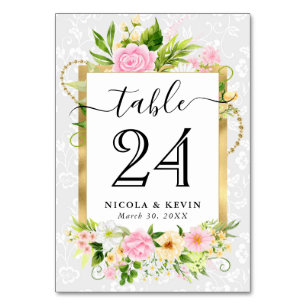 Watercolor Pink and Yellow Flowers Wedding Table Number