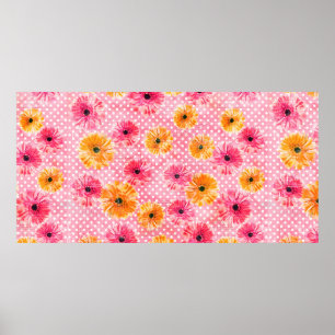 Watercolor pink and yellow gerbera flowers pattern poster