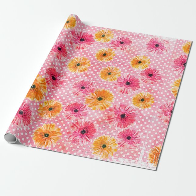 Watercolor pink and yellow gerbera flowers pattern wrapping paper (Unrolled)