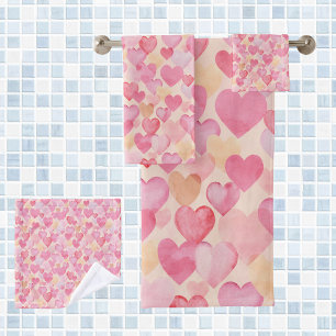 Watercolor Pink and Yellow Hearts cute romantic Bath Towel Set