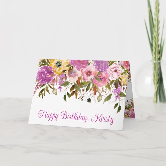 Watercolor Pink and Yellow Spring Flowers Birthday Card (Front)