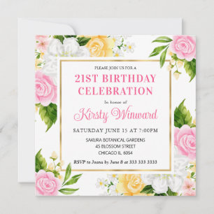 Watercolor Pink and Yellow Summer Flowers Birthday Invitation