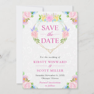 Watercolor Pink and Yellow Summer Wreath Wedding Save The Date