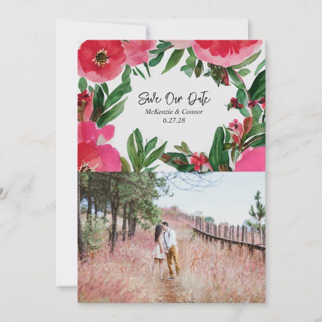 Watercolor Pink Anemone Wedding Photo Save The Date (Front)