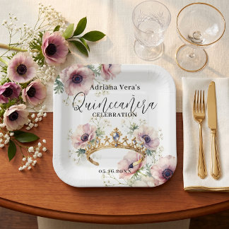 Watercolor Pink Anemones Gold Tiara Quinceañera Paper Plate