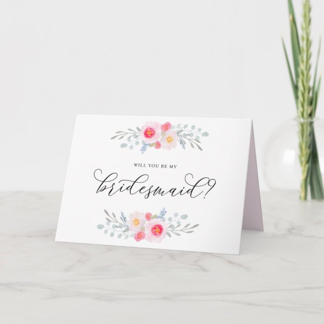 Watercolor Pink Anemones Will You Be My Bridesmaid Card (Front)