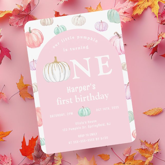 Watercolor Pink Arch Our Little Pumpkin Birthday Invitation (Creator Uploaded)