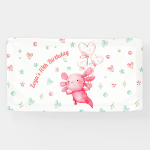 Watercolor Pink Axolotl Fun Kids Birthday Party Banner