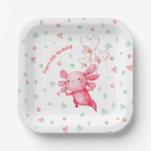 Watercolor Pink Axolotl Fun Kids Birthday Party Paper Plate