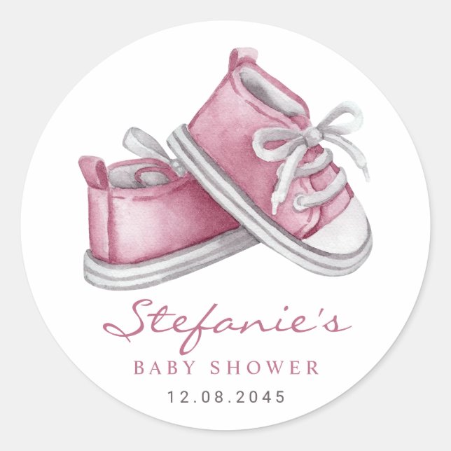 Watercolor Pink Baby Booties Baby Shower Classic Round Sticker (Front)