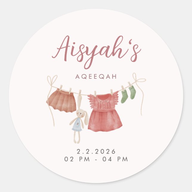 Watercolor Pink Baby Girl Aqeeqah Classic Round Sticker (Front)