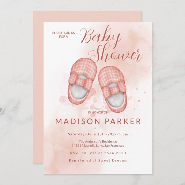 Watercolor Pink Baby Shoes Invitation (Front/Back)
