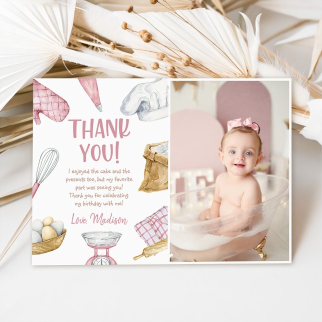 Watercolor Pink Baking Girl Birthday Photo Thank You Card (Creator Uploaded)