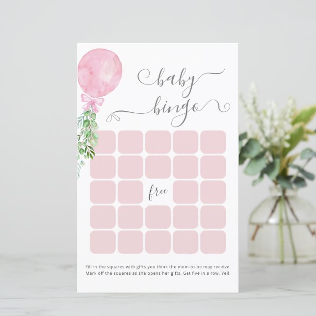 Watercolor Pink Balloon Baby Shower Bingo Game (Standing Front)