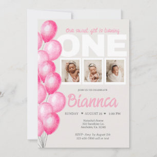 Watercolor Pink Balloon Photo First Birthday Invitation
