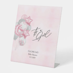 Watercolor Pink Balloons It’s A Girl Baby Shower Pedestal Sign