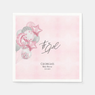 Watercolor Pink Balloons Its A Girl Baby Shower Napkin
