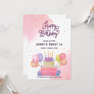 Watercolor Pink Balloons Sweet 16 Birthday  Invitation