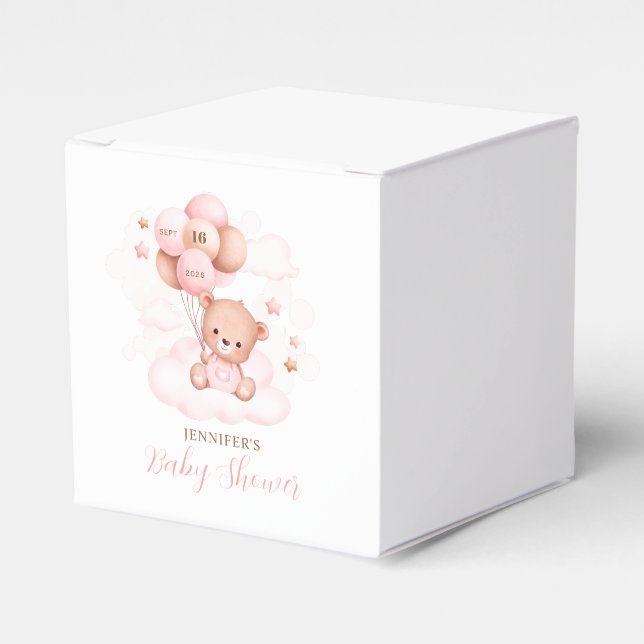 Watercolor Pink Balloons Teddy Bear Baby Shower Favour Box (Front Side)