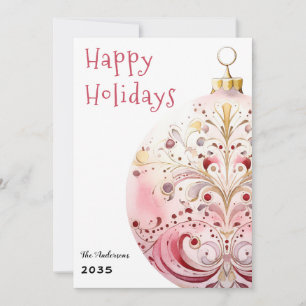 Watercolor Pink Bauble Personalised Holiday Card